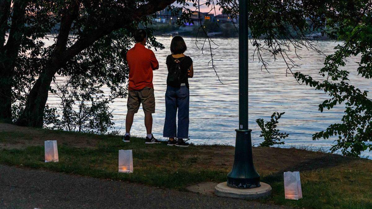 Lights for Peace in Richland will commemorate the 79th anniversary of the atomic bombing of Nagasaki, Japan, using plutonium produced at the nearby Hanford site. Shown are luminaria in 2021.