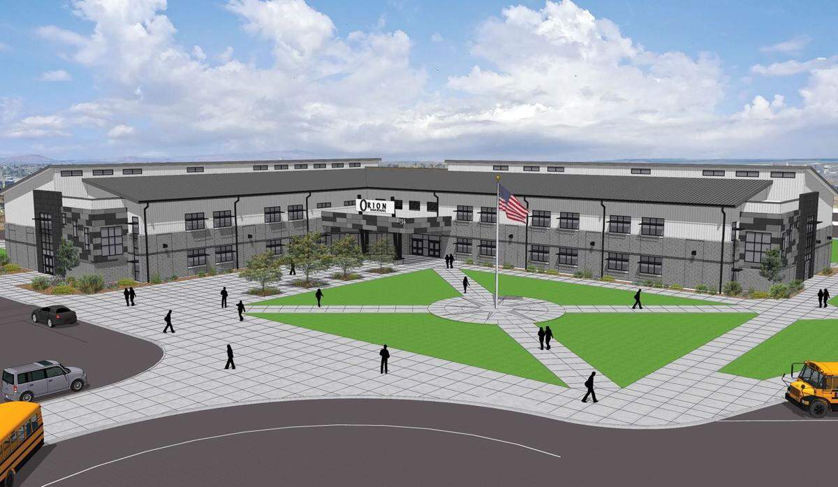 An updated architectural rendering from Design West shows what the exterior of Orion High School in Pasco might look like when it opens in fall 2025.