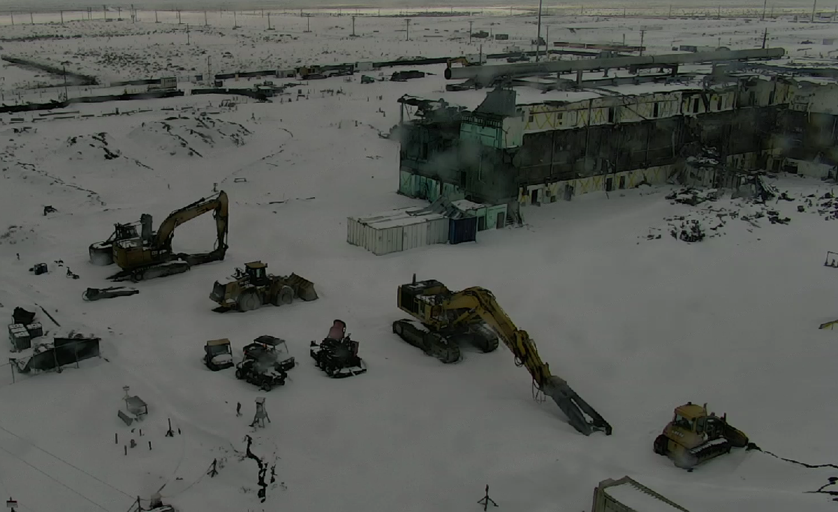 An unusually snowy winter slowed work at the Hanford Plutonium Finishing Plant to load up and package demolition debris left on the ground.