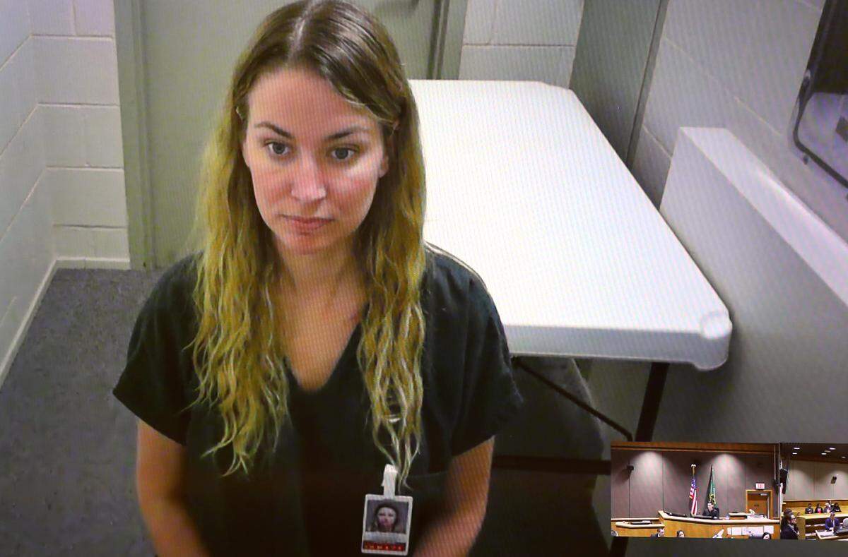 Sarah L. Clasen makes her preliminary appearance in Benton County Superior Court via a video link in March 2025 from the Benton County jail in Kennewick.