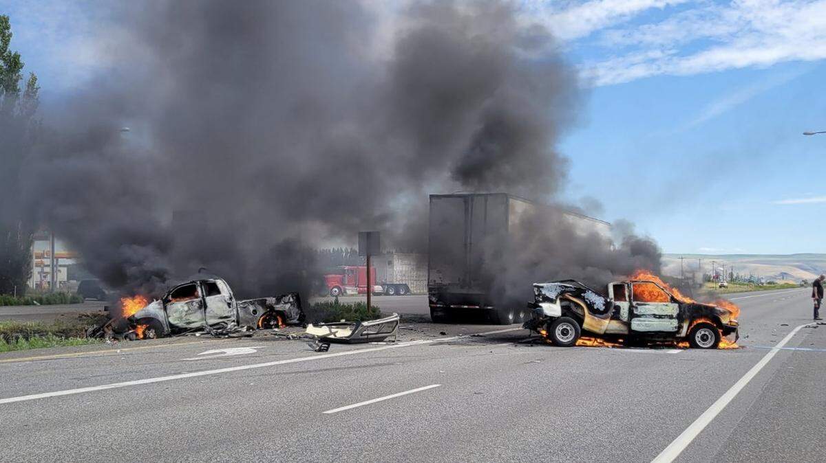 Two people were seriously hurt in a fiery crash on Highway 12 south of Burbank.