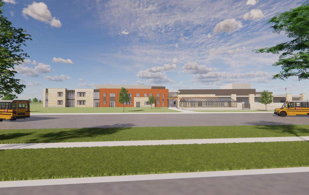 This architectural rendering shows what Pasco School District’s third comprehensive high school would look like.