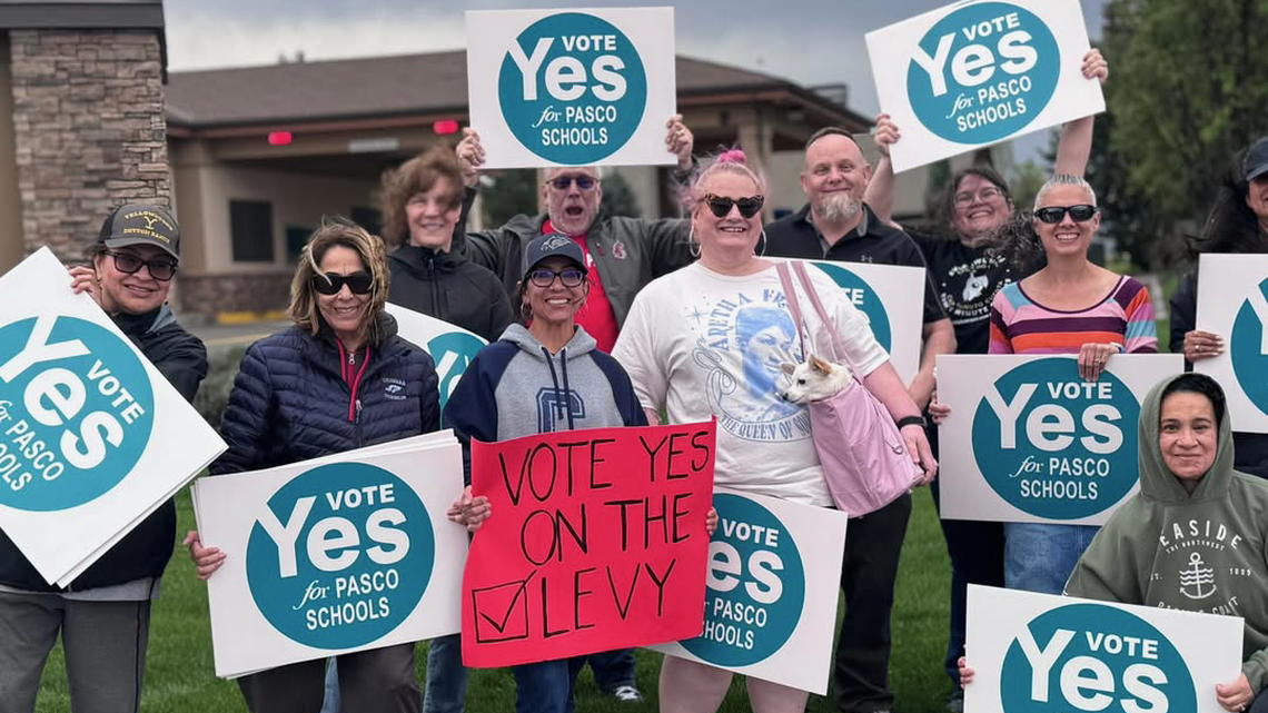 Unionized teachers with the Pasco Association of Educators campaigned Tuesday at Road 68 and Burden Boulevard to get out the vote for the school levy. Ballots are due Tuesday, April 28.