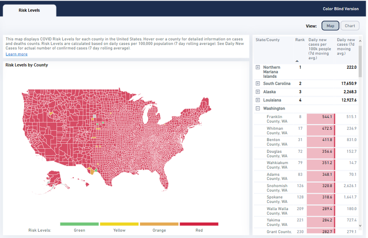 A screenshot from the Brown School of Public Health Global Epidemics page shows Franklin County with the highest COVID-19 rate in Washington state.