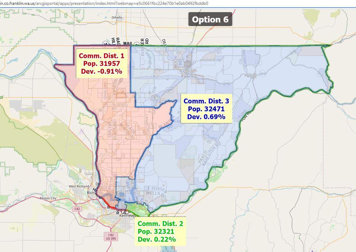 The final map developed by the Franklin County redistricting committee. It would create an east Pasco district and divide the city into three sections.