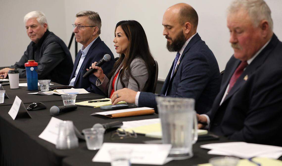 Washington state Sen. Nikki Torres, R-Pasco, speaks at the Franklin County Commissioner's public input session about the growing death toll and collision rates at intersections on Highway 395 in Franklin County near Pasco. 