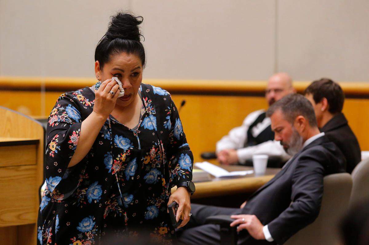 Alex Magallan, family member of victim Leo Birrueta, wipes away tears after making her emotional statement during the sentencing hearing for Katie Summers.