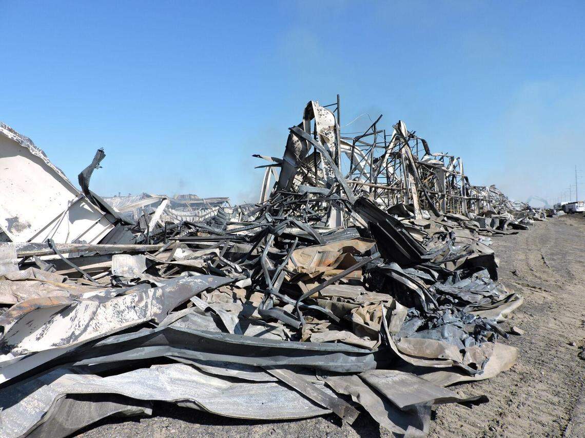 The remains of Shearer’s Foods, Hermiston, lay twisted and smoldering Feb. 23, 2022, a day after an explosion and fire. Shearer’s Foods CEO Bill Nictakis announced Tuesday, March 8, the company cannot quickly rebuild the facility and is ending the employment of the 230 people who worked there.