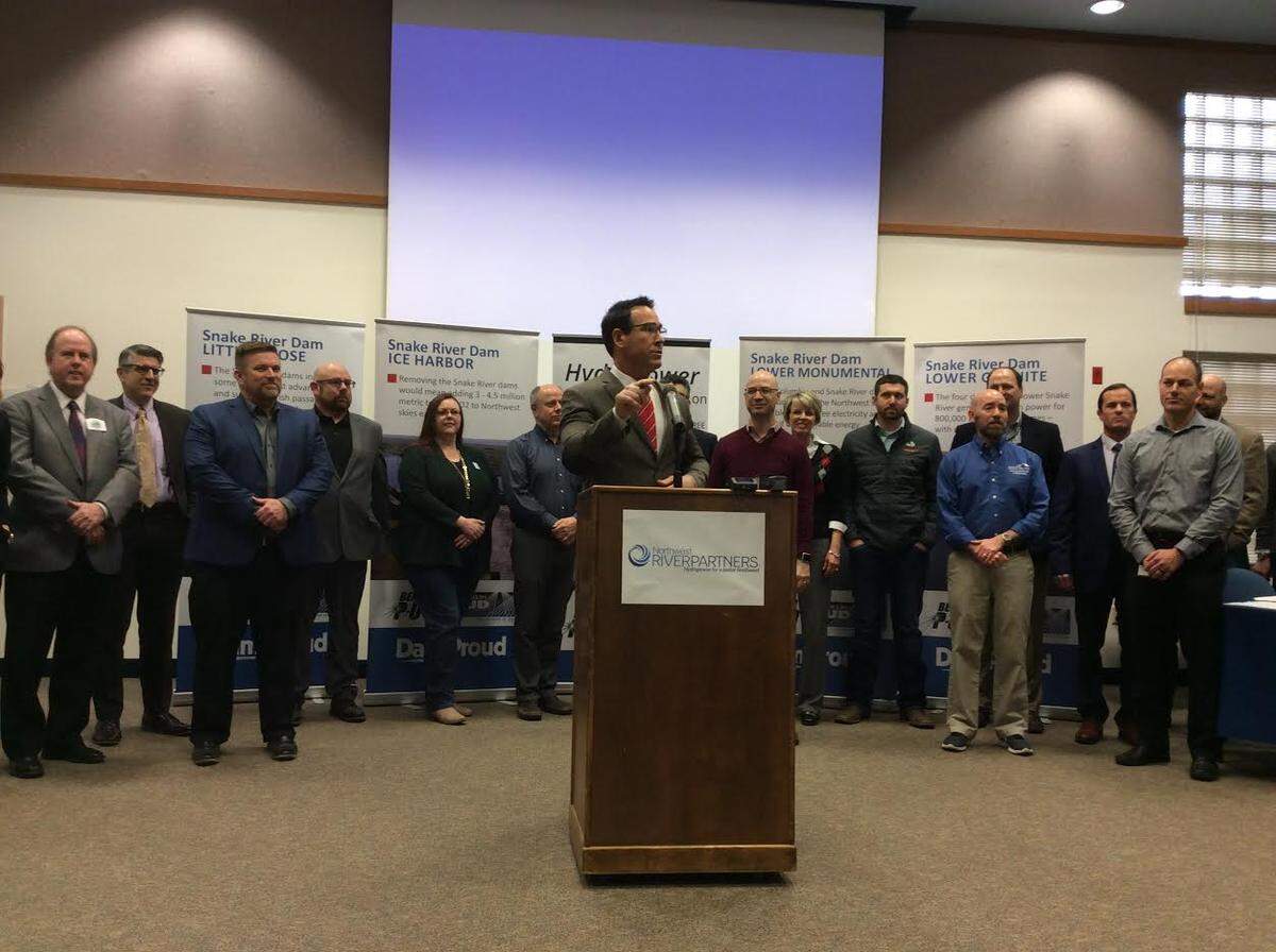 Tri-City-area and other supporters of keeping the lower Snake River dams gathered for a press conference in Kennewick Monday. They discussed the importance of public comments on a new federal draft environmental study on the Columbia and Snake rivers hydrosystem.