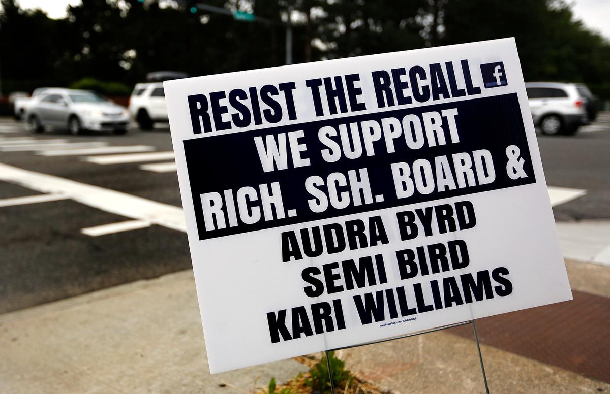 A sign supporting the three Richland School Board members facing a voter recall was posted in June 2022 Gage Boulevard at the intersection with Leslie Road in south Richland.