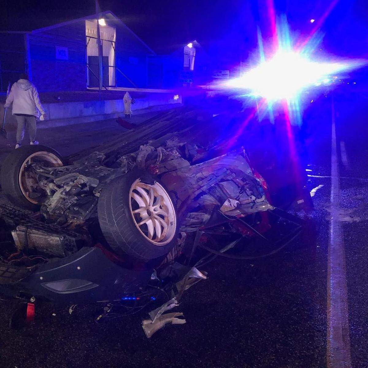 A speeding car flipped after hitting a retaining wall on Fourth Avenue early Sunday. The driver was allegedly drunk at the time.
