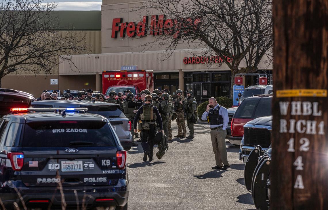 One person was killed and at least one other wounded in a shooting inside the Richland, Wash., Fred Meyer store on Wellsian Way on Monday morning. Police are searching for a suspect.