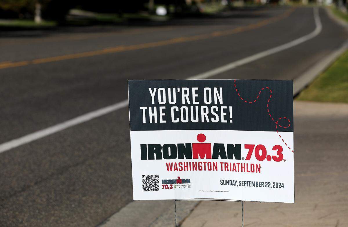 A course sign is posted on Columbia Point Drive for the Ironman event near the Columbia Point Marina Park in Richland.