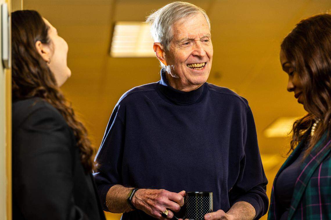 Jae Edmonds, center, began working on what has developed into the Global Change Analysis Model, or GCAM, in the late 1970s. He and other PNNL staff members at the Joint Global Change Research Institute, including Kelly Casper (left) and Mina Nweke, support improvements to this integrated model of energy, economy, water, land and climate interactions for their research.
