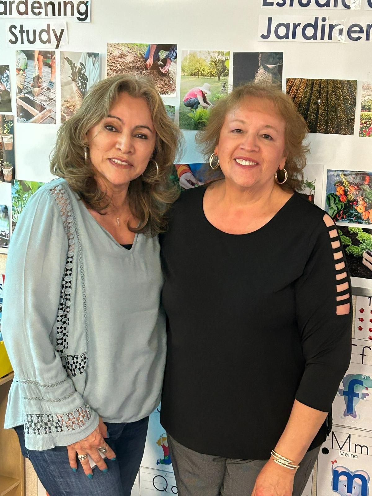 Anita Torres, 67, left, and Hermelinda “Melly” Varela, 66, right, pose for a photo at the 2024 Kennewick School District retirement celebration on May 15.