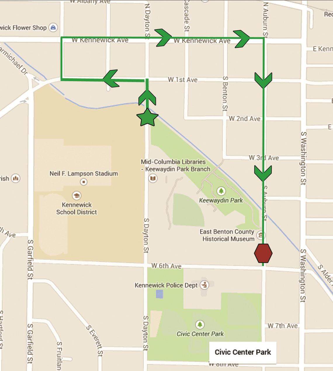 The planned route for the Grand Parade kicking off the Benton Franklin Fair and Rodeo, beginning Saturday, Aug. 16.