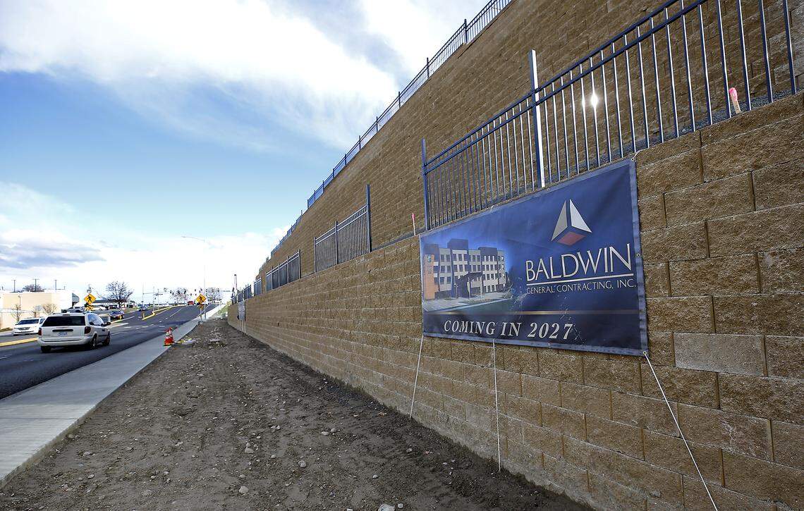 A concrete block retaining wall was built for a new four-story Holiday Inn Express in Kennewick. 