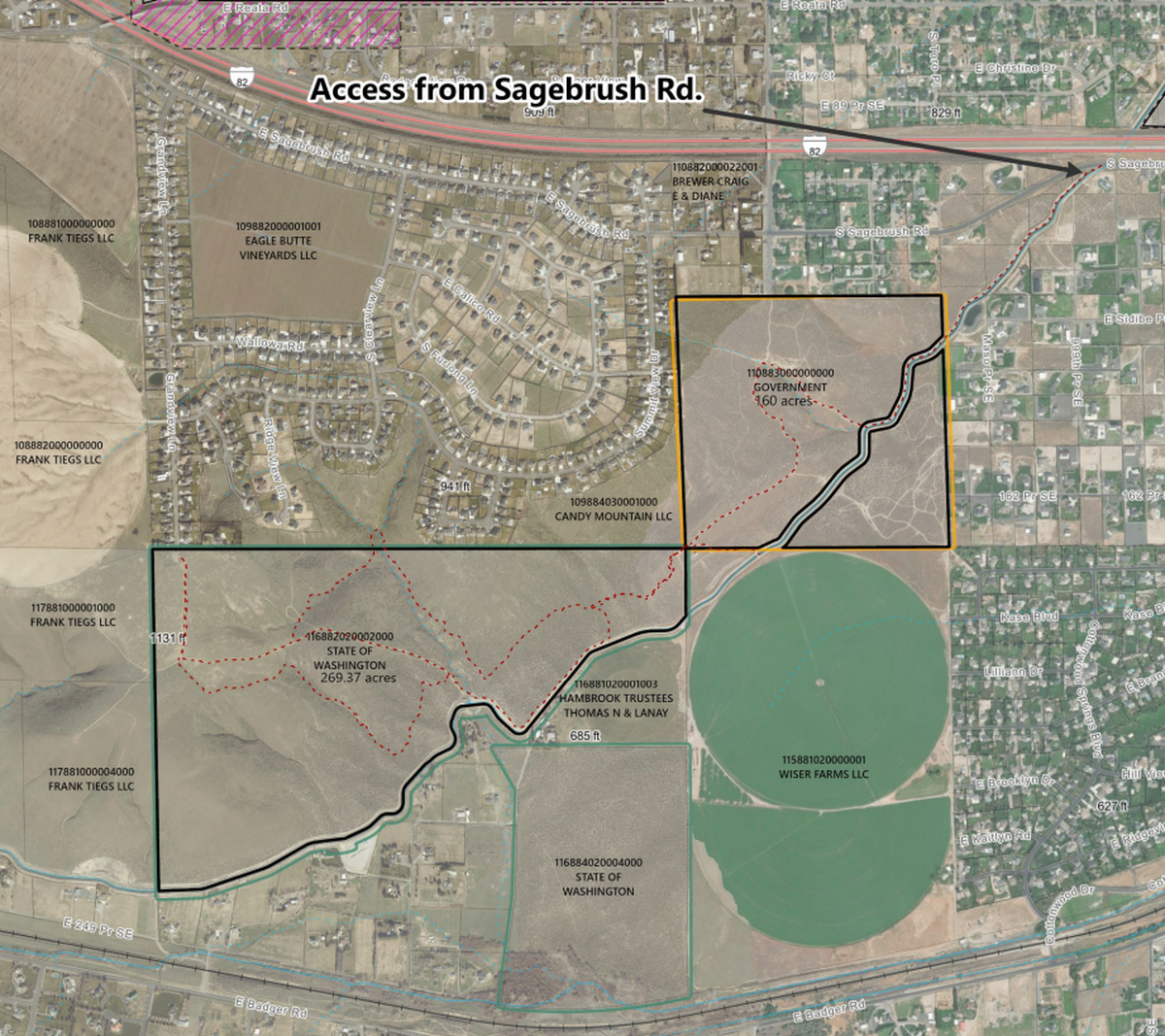 A map shows the area DNR has expressed interest in transferring to Benton County for proposed mountain bike recreational opportunities. The lines in red represent informal trails already in use in the area.