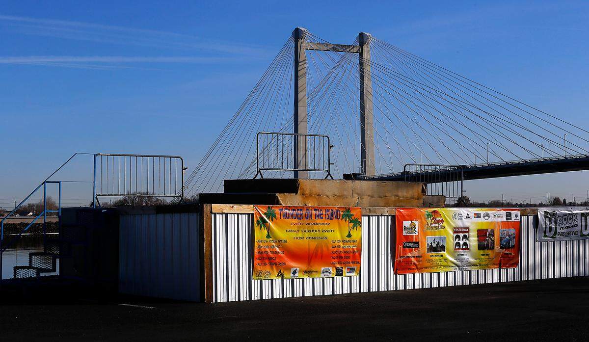 The current outdoor stage at Clover Island Inn is made from two flatbed trailers parked side-by-side in the parking lot near the Columbia River in Kennewick.
