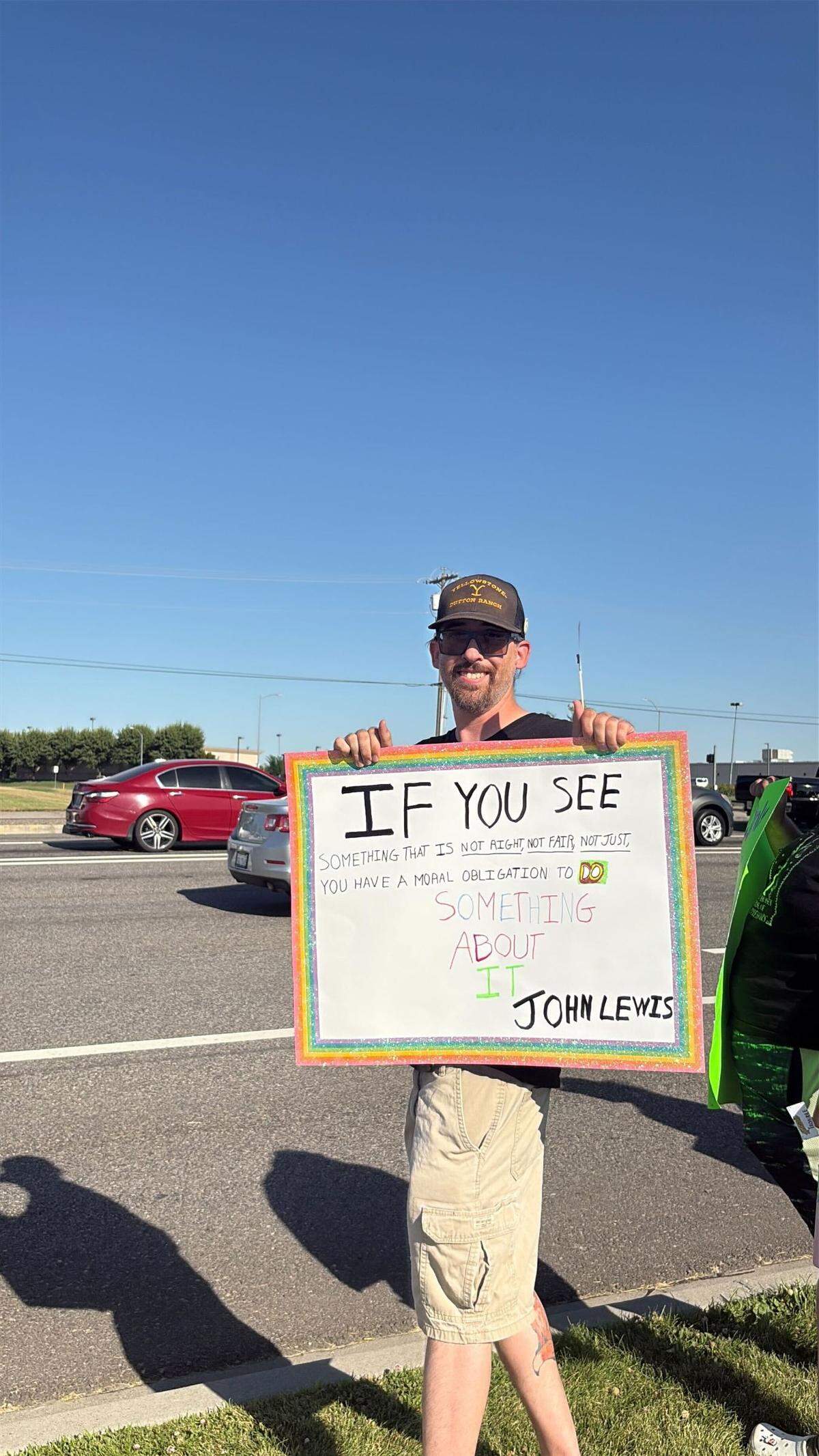 Multiple protesters at the “Good Trouble Lives On” demonstration in Kennewick, Wash. on July 17 quoted the late activist and Congressman John Lewis. The protest was held on the five-year anniversary of his death, and emphasized his approach to nonviolent action in order to spark change.