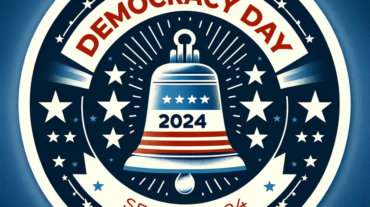 Democracy Day falls on September 15. Logo provided by Center for Cooperative Media. Generative AI was involved in the creation of this illustration.