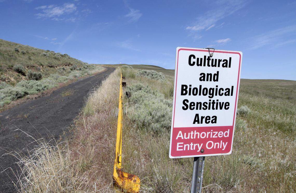 A sign along the road leading to the summit of Rattlesnake Mountain warns of the cultural and biological sensitivity of the area on the Hanford Reach National Monument.