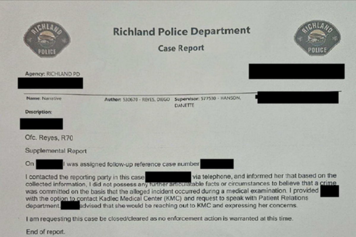 A civil lawsuit filed in King County Superior Court includes this copy of a Richland Police Department case report closing a complaint against Dr. Mark Mulholland.