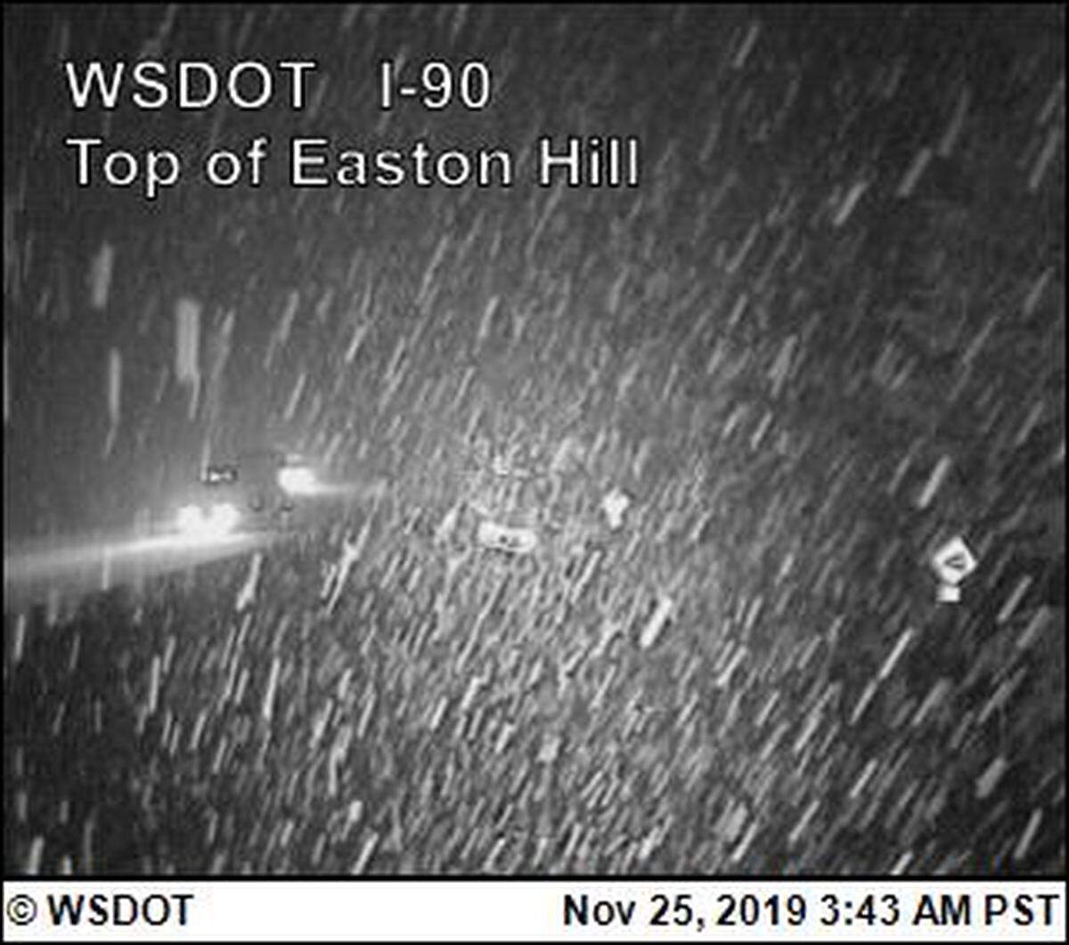 The traffic camera view early Monday morning between Snoqualmie Pass and Cle Elum.