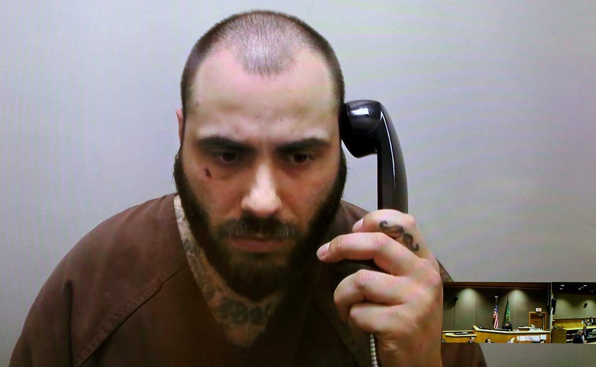 Suspect Matthew Mason, 32, of Benton City makes his preliminary appearance in Benton County Superior Court via a video link from the Benton County jail in Kennewick.