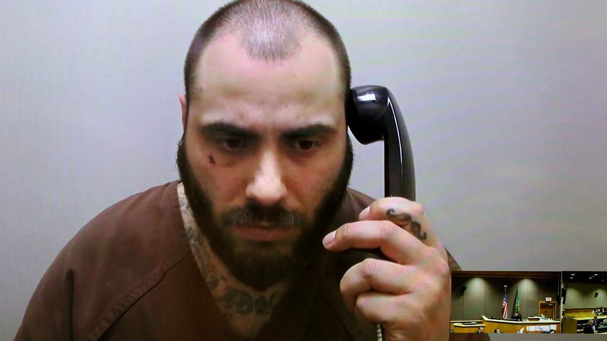 Suspect Matthew Mason, 32, of Benton City makes his preliminary appearance in Benton County Superior Court via a video link from the Benton County Jail in Kennewick.