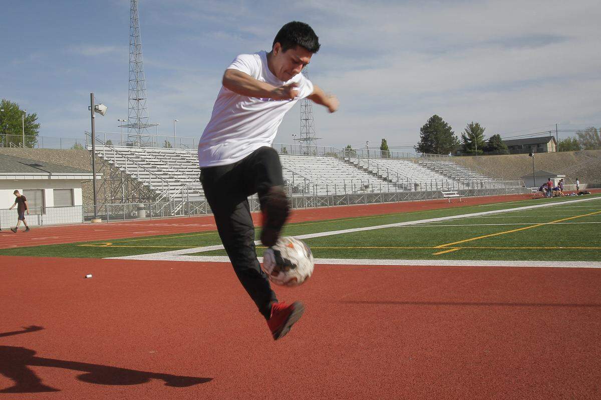 Emilio Meraz-Rodriguez does does some tricks with the soccer ball at Edgar Brown Stadium in Pasco. 