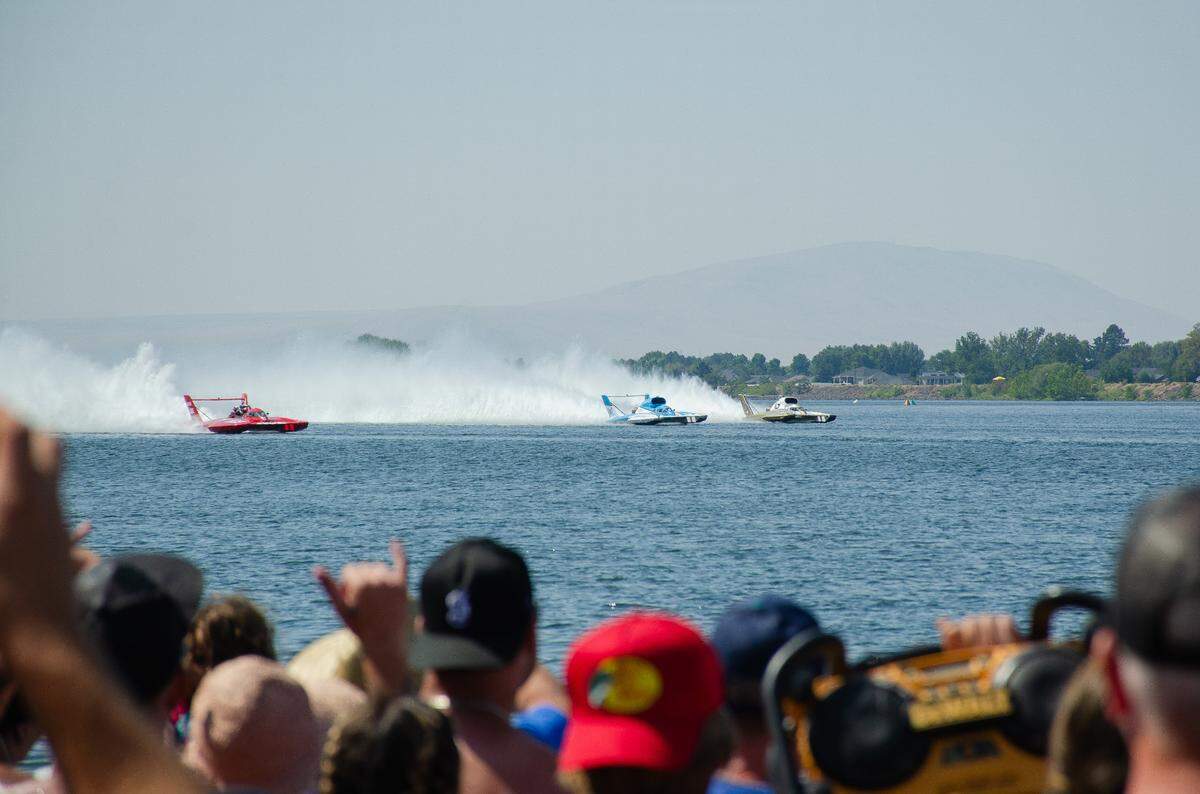 Fans gather Sunday, July 30, 2023, to watch racers in the H1 Unlimited Hydroplane 3B heat perform at the Water Follies 2023 Columbia Cup and STCU Over the River Air Show.