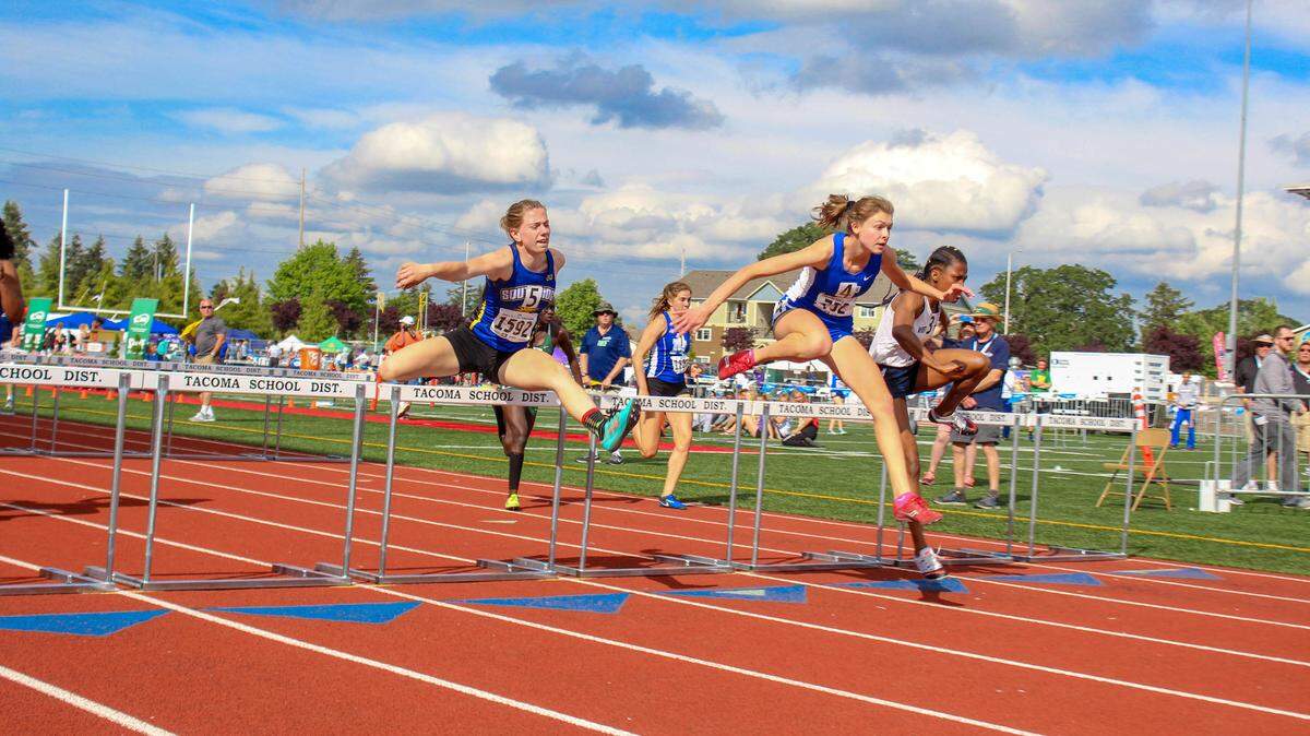 Southridge's Emily Meek (1592), shown at last year's state track meet, ran a 14.89 time in the girls 100 hurdles at Saturday’s Strandberg Invite in Spokane, giving her the current sixth-best time in the state.