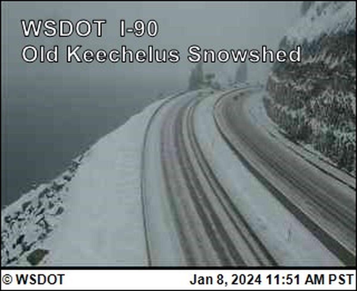 Live camera footage from the Washington State Department of Transportation can be accessed online for updated views of state passes. Shot of I-90 at Old Keechelus Snowshed (Milepost 57.7) at 11:51 a.m. on Jan. 8, 2024.