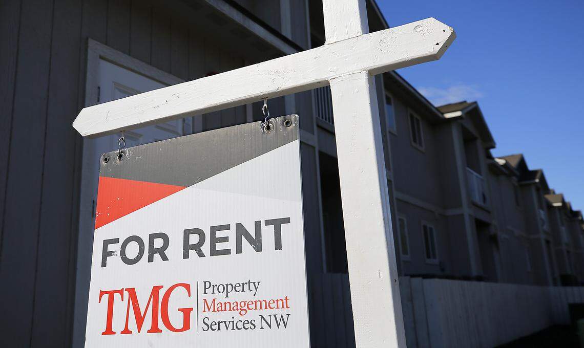 A "For Rent" sign on display at an apartment complex on West Seventh Avenue near South Perry Court in Kennewick.