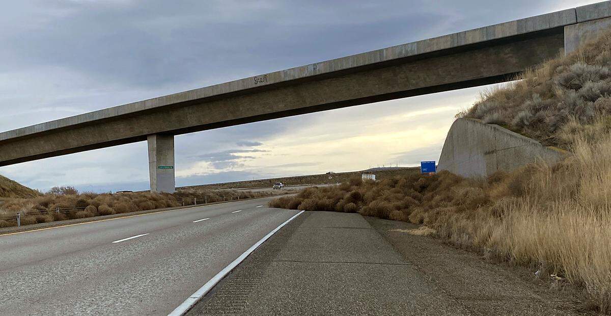 Washington State Patrol troopers responded Monday morning to windblown tumbleweeds blocking one eastbound lane in Interstate 82 near the Christenson Road overpass just south of Kennewick.