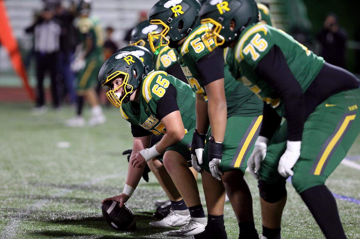 Richland Bombers football offensive line during their game against Kamiakin in Richland on Oct. 30, 2025. Richland won 15-14 to clinch 2nd seed for the playoffs.