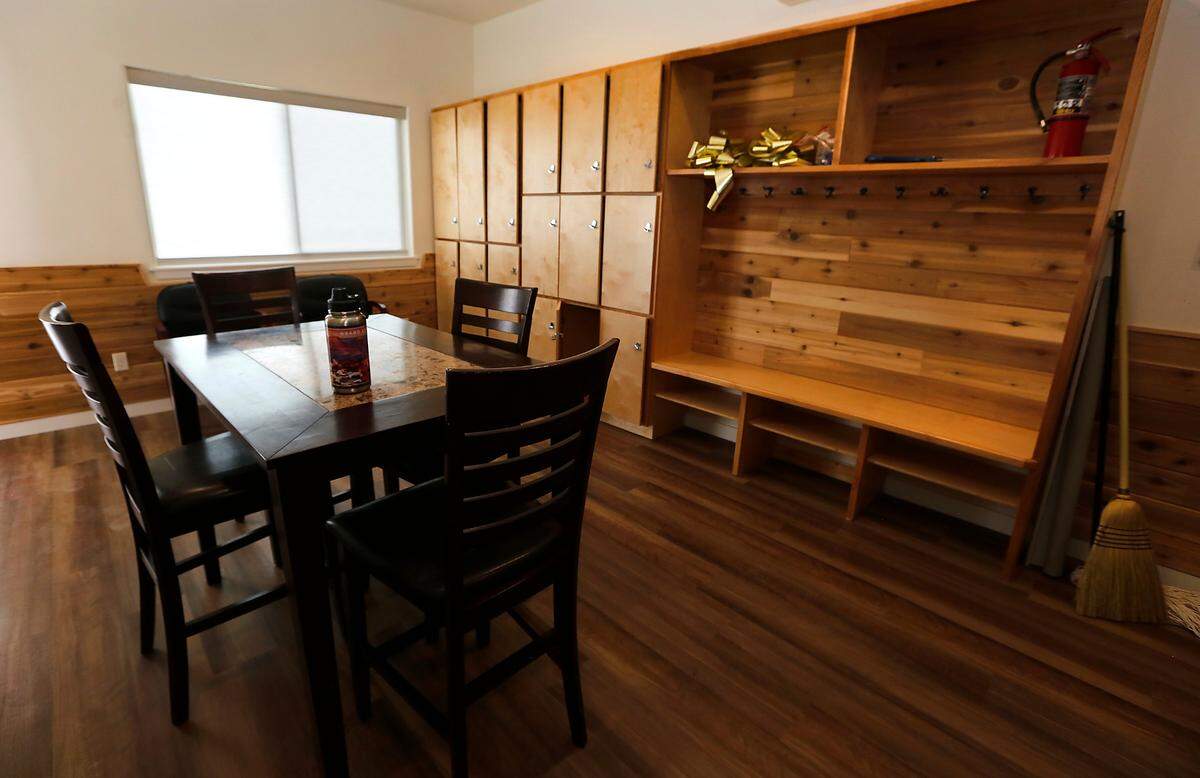 Repurposed cedar planks decorate the staff break room inside the newly remodeled Esther’s Home in rural Franklin County.