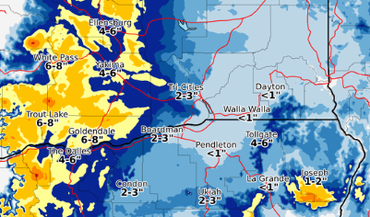 Predicted snowfall is shown in Eastern Washington and Oregon from Wednesday night through Thursday night.