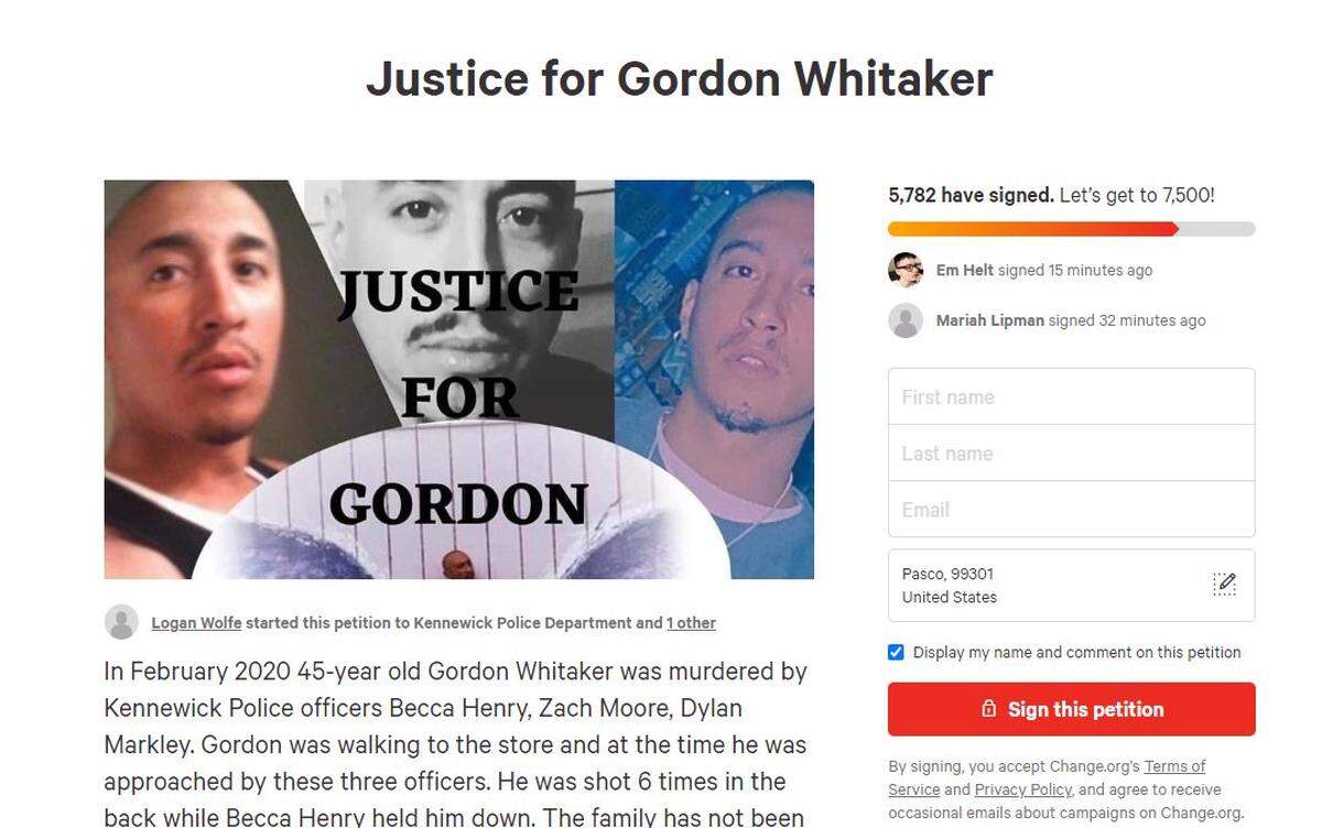 A Change.org petition is calling for the “immediate and permanent” firing of three Kennewick police officers for the Feb. 9 fatal shooting of Gordon Whitaker. The petition also asks the county prosecutor to press appropriate charges against the officers.
