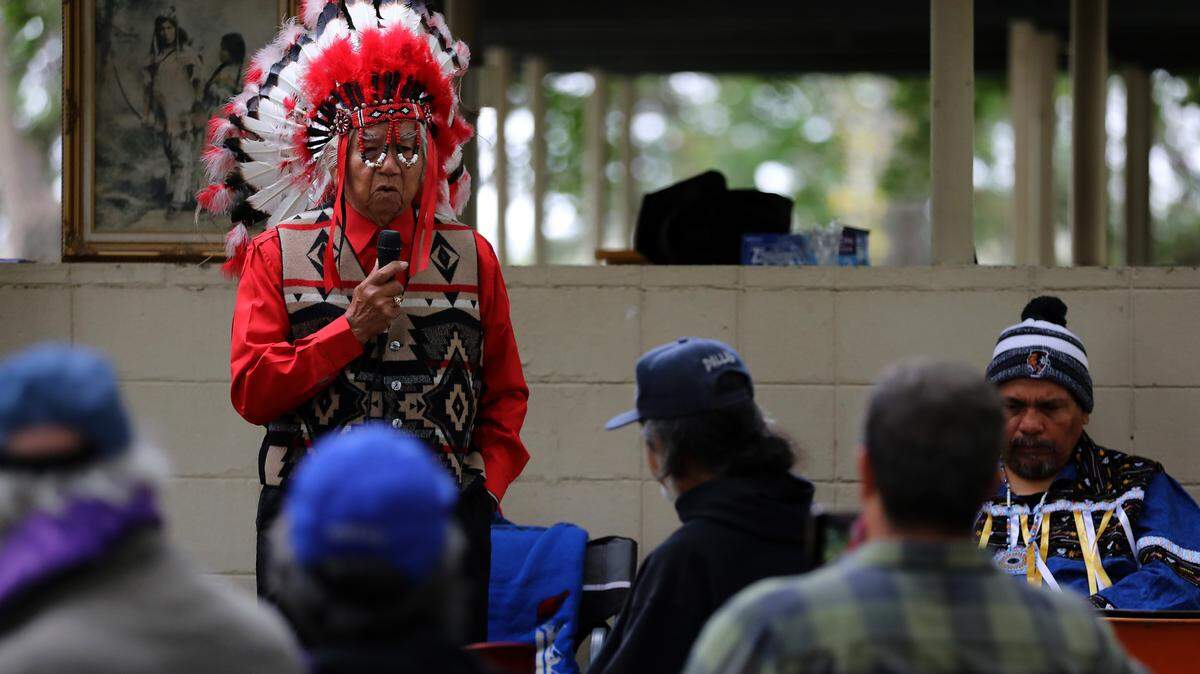Palouse Chief Tom Estimo speaks at Sacajawea State Park near Pasco, Wash., during a two-week, three state indigenous-led campaign supporting removal of the Snake River dams to restore a free-flowing river. They planned stops in Spokane and Lewiston before ending in Seattle on Oct. 1. The stops feature a traveling steel sculpture by a Lummi Nation member. The House of Carvers Tears of Lummi Nation held a smudging ceremony incorporating the bowl at the center of the art piece, which features buffalo, bear, eagle and orca to represent the sacred connections that are the highlight of the campaign.