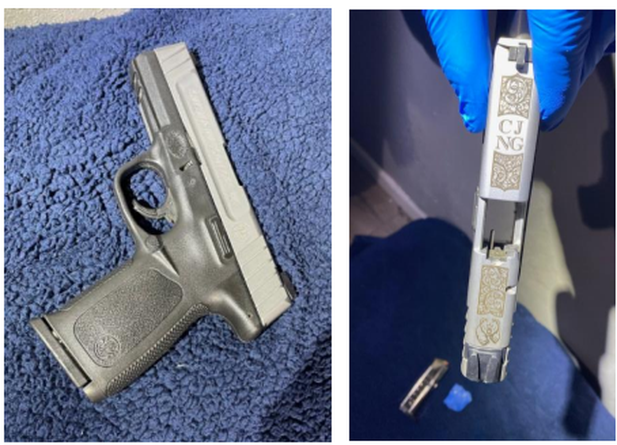 A 9 mm pistol was found under a bed pillow in a Pasco mobile home that federal prosecutors called a drug stash house. The initials on the gun stand for one of Mexico’s most powerful, influential and violent transnational criminal organizations.