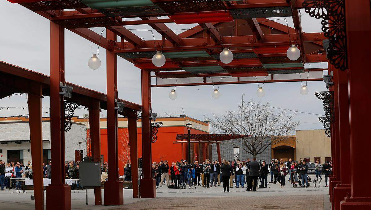 A crowd of nearly 200 people gathered for the 2022 ribbon cutting ceremony for the renovated Peanuts Park and Farmers Market in downtown Pasco.