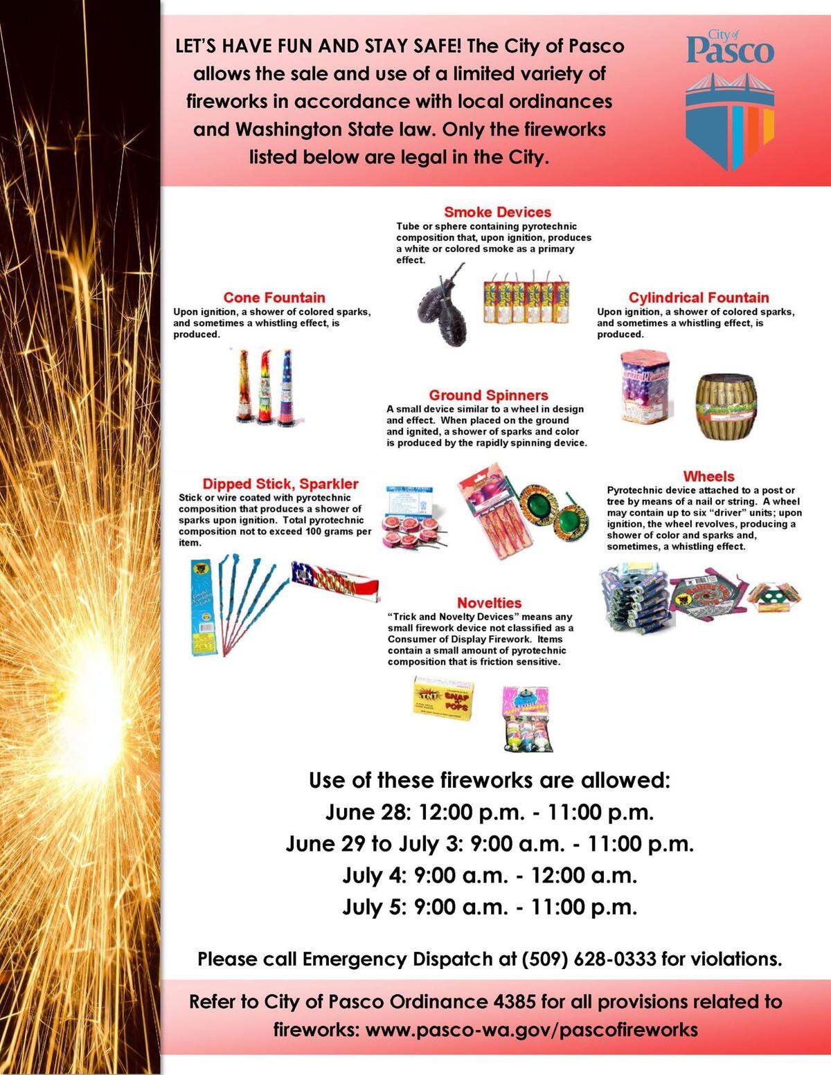 Document from the City of Pasco shows the accepted firework devices.