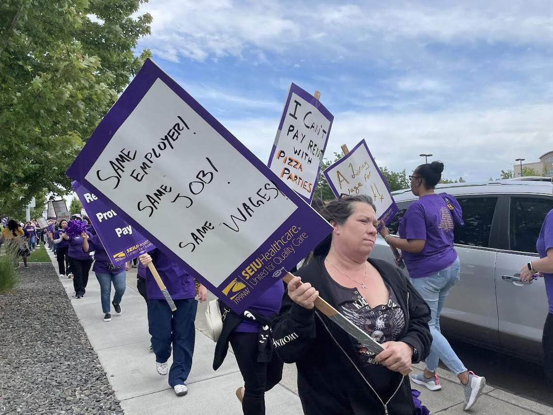 Kadlec Regional Medical Center service and technical workers picketed in front of the Richland hospital Tuesday for better pay. Their SEIU Healthcare 1199NW contract has expired.