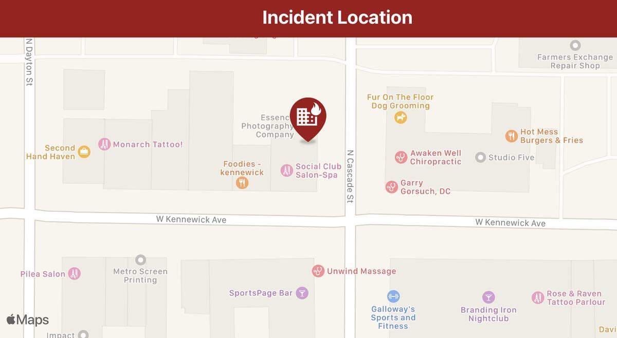 A screenshot from PulsePoint, an application that maps out emergency incidents, shows the location of the fire scene in proximity to other downtown Kennewick businesses.