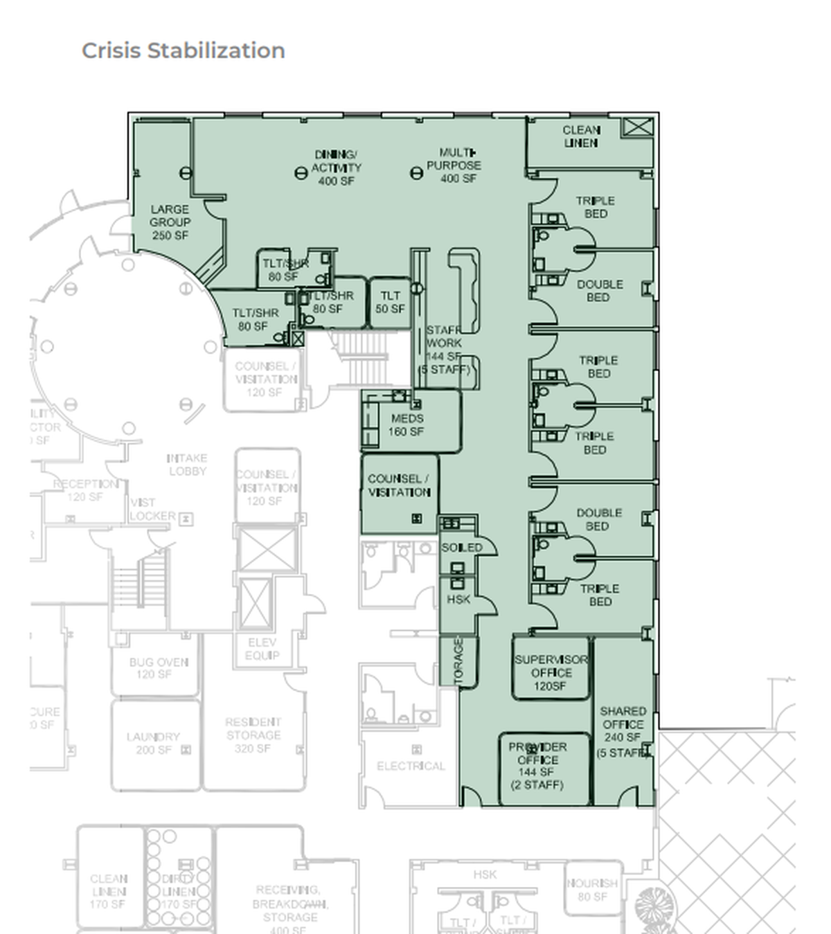 A preliminary floorplan for the Crisis Stabilization portion of the Columbia Valley Center for Recovery.