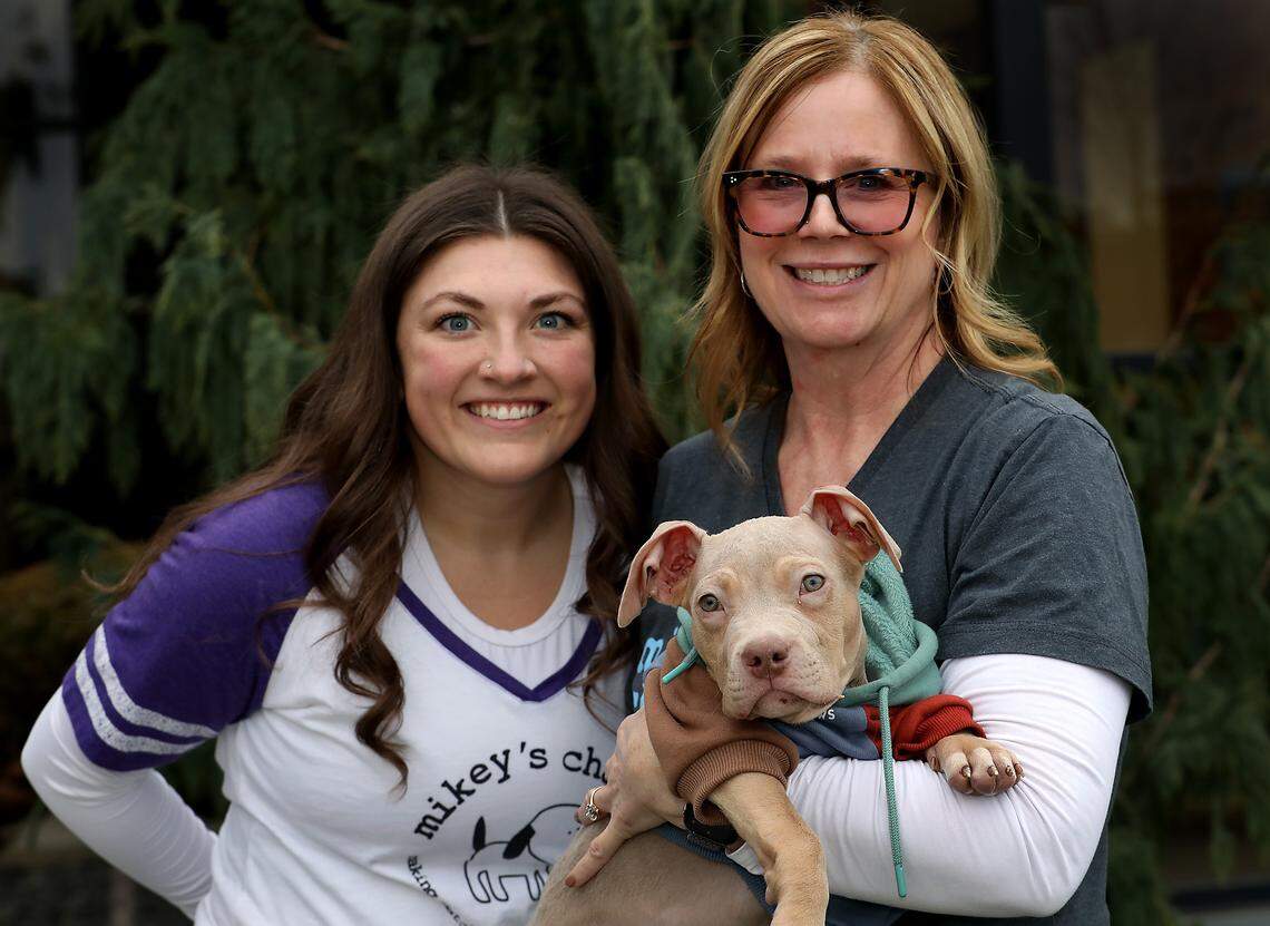 Brooklyn Washburn, left, and Billie Wensveen are fostering the most famous dog in the Tri-Cities for Mikey's Chance Canine Rescue. 