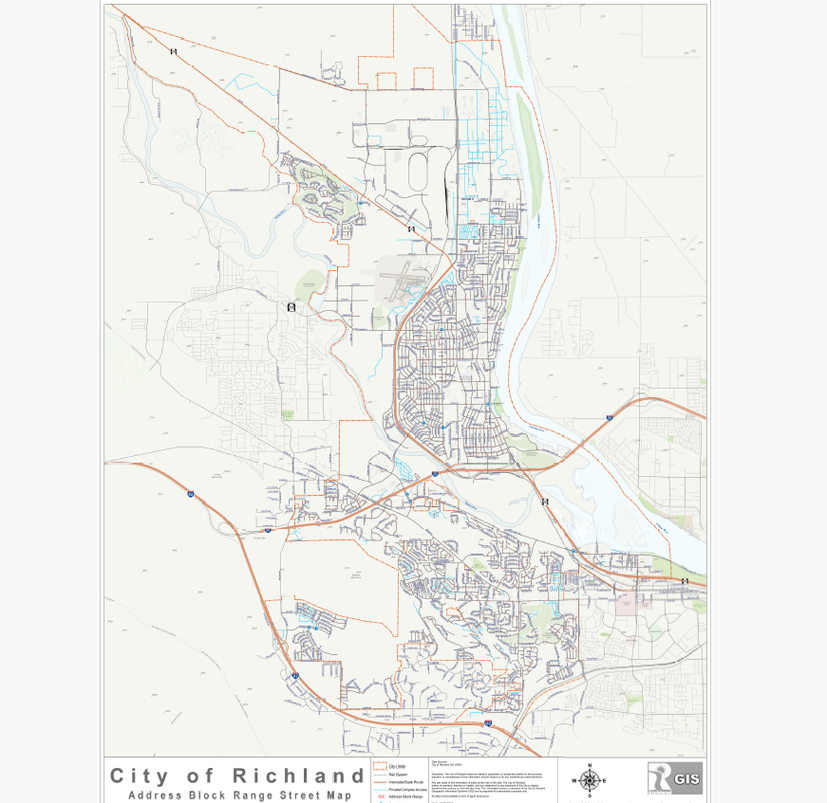 A Richland street map shows how the city is divided into a northern half and southern half by Interstate 182 and the Yakima River. A new initiative would alter the city’s charter to ensure city council members are elected from all parts of the city. Five of the current councilmembers live in south Richland.
