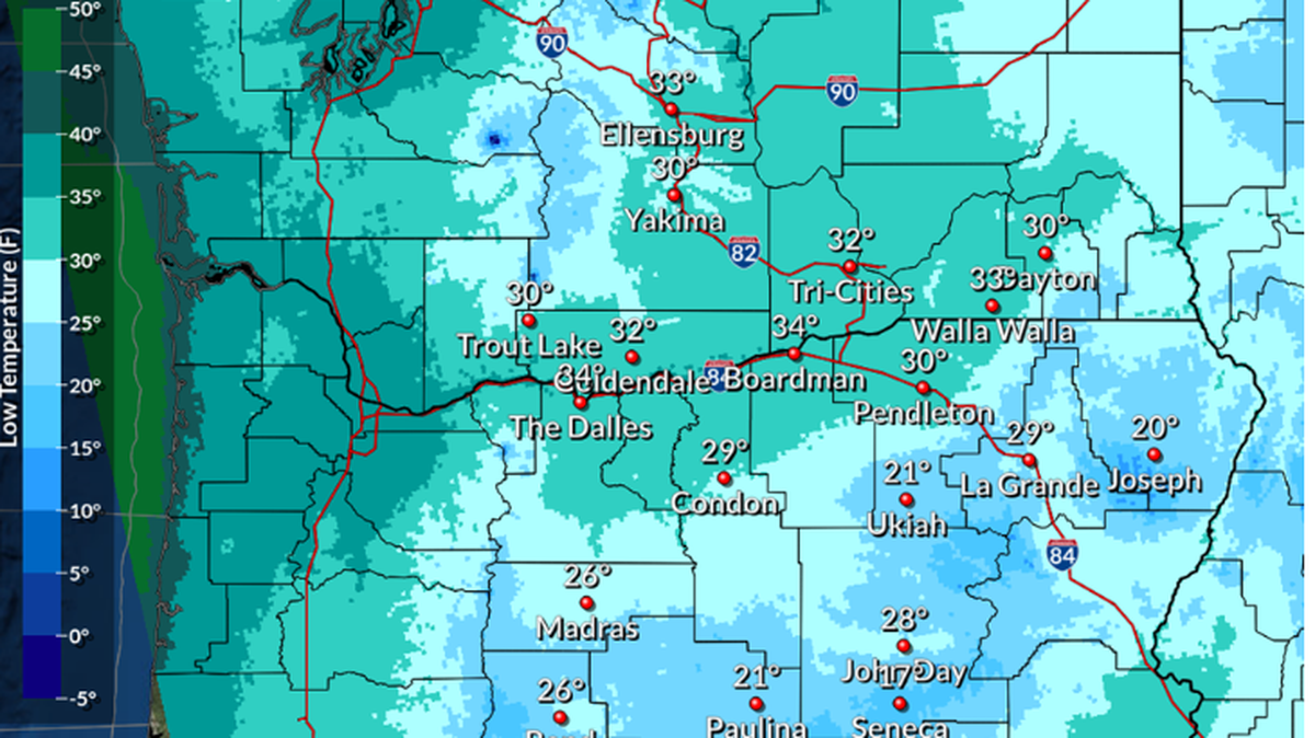 Low temperatures forecast for early Monday morning are shown.